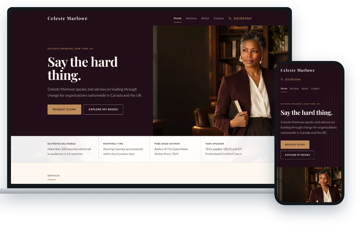 The Editorial Luxury design, shown on a laptop and a phone