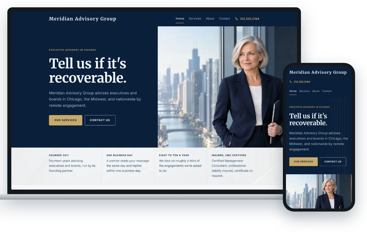 The Executive Authority design, shown on a laptop and a phone
