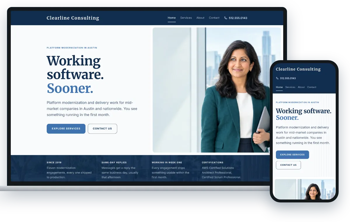 The Modern Executive design, shown on a laptop and a phone