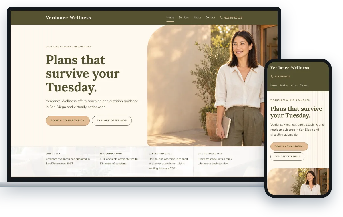 The Premium Wellness design, shown on a laptop and a phone
