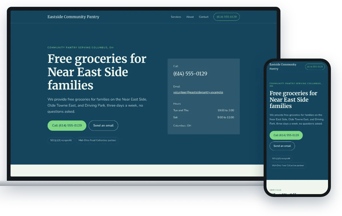 A one-page site in the Community Impact design, shown on a laptop and a phone