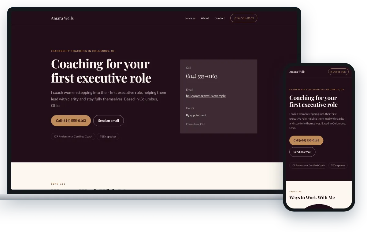 A one-page site in the Editorial Luxury design, shown on a laptop and a phone