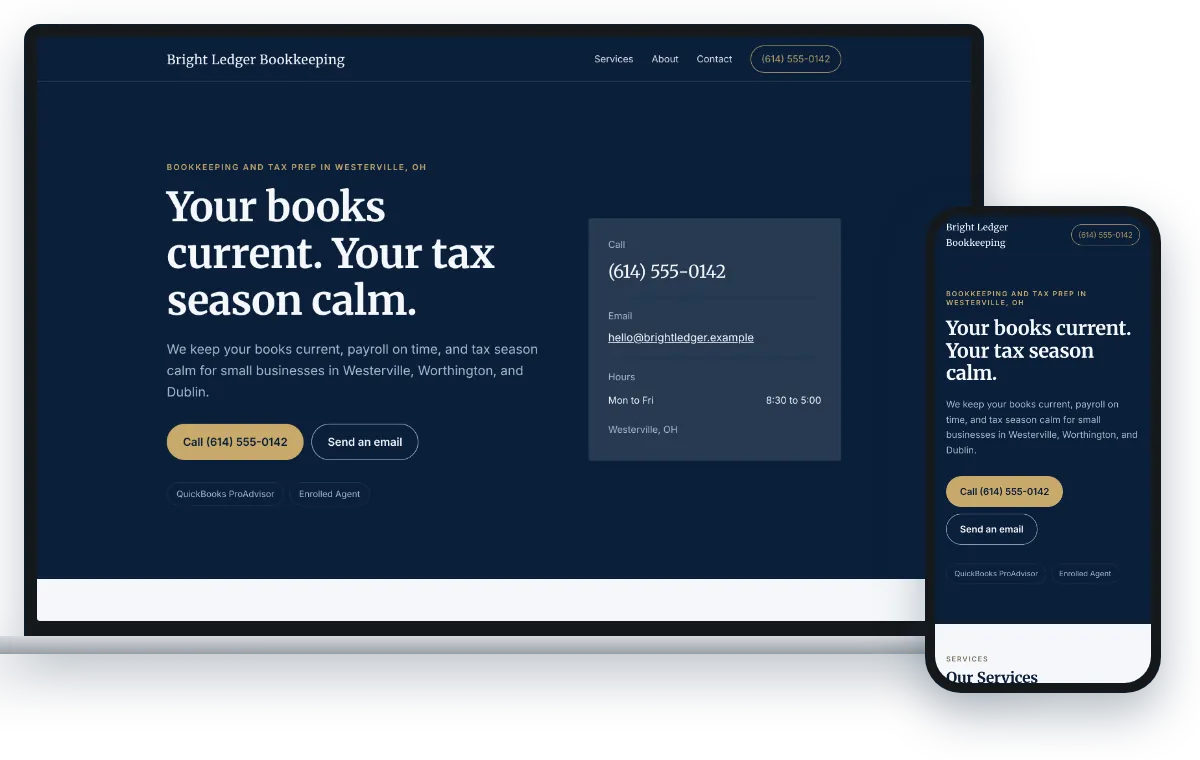 A one-page site in the Executive Authority design, shown on a laptop and a phone