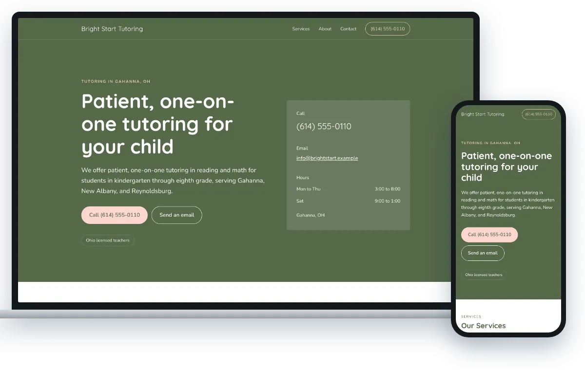 A one-page site in the Nurturing Learning design, shown on a laptop and a phone