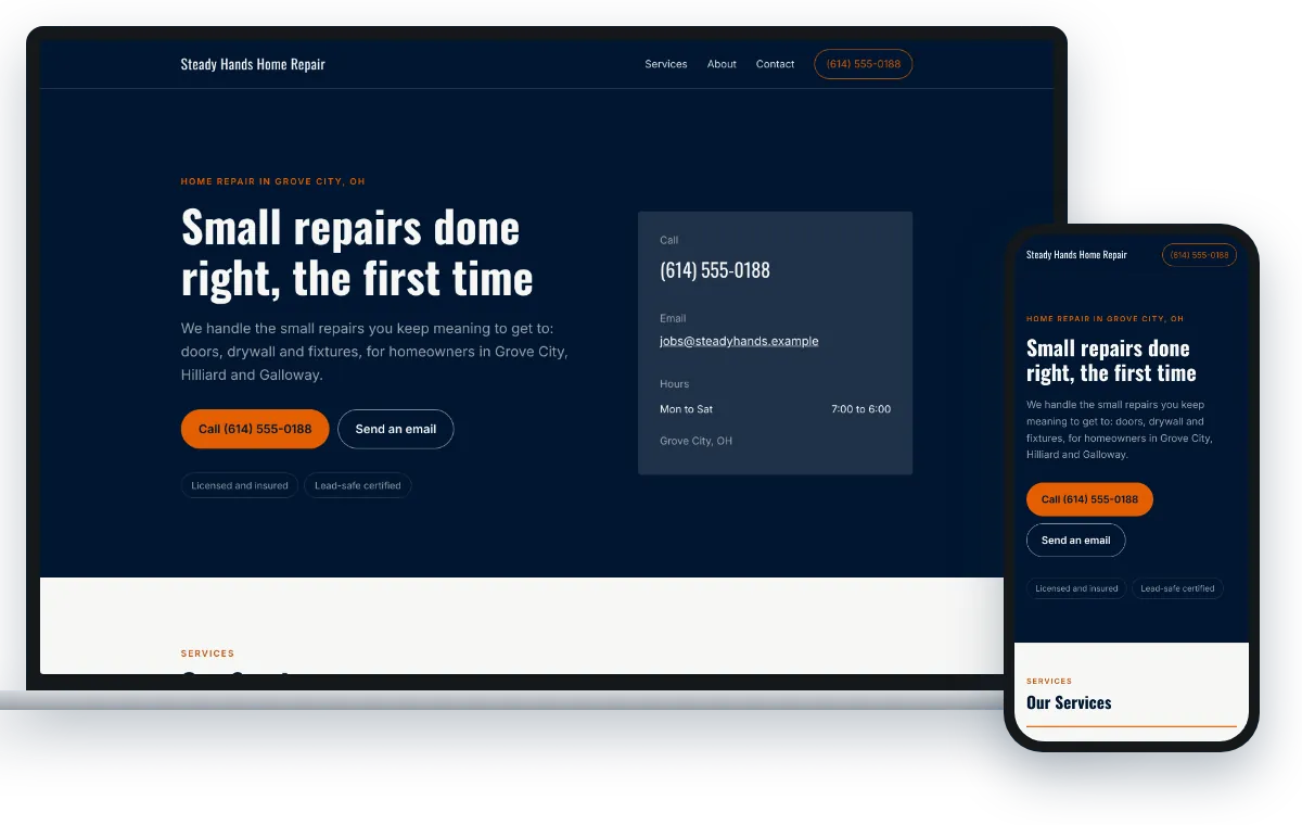 A one-page site in the Trusted Craftsman design, shown on a laptop and a phone